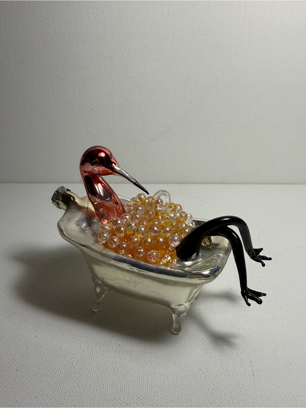 Murano Style Blown Glass Flamingo Soaking in Bubble Bath Ornament EUC Whimsical